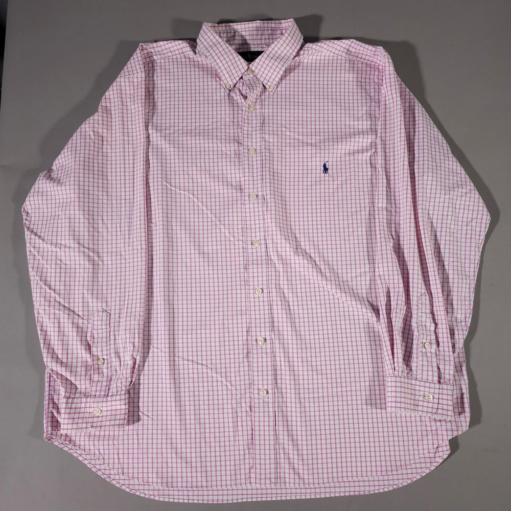 Ralph Lauren Button Down Mens 2XB Pink Gingham Performance Long Sleeve Shirt